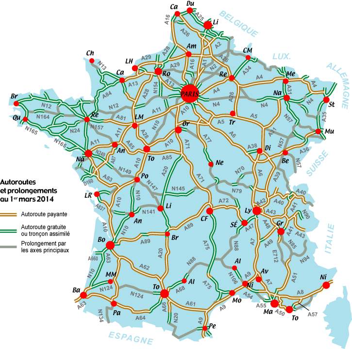 Carte de France avec autoroutes gratuites et payantes