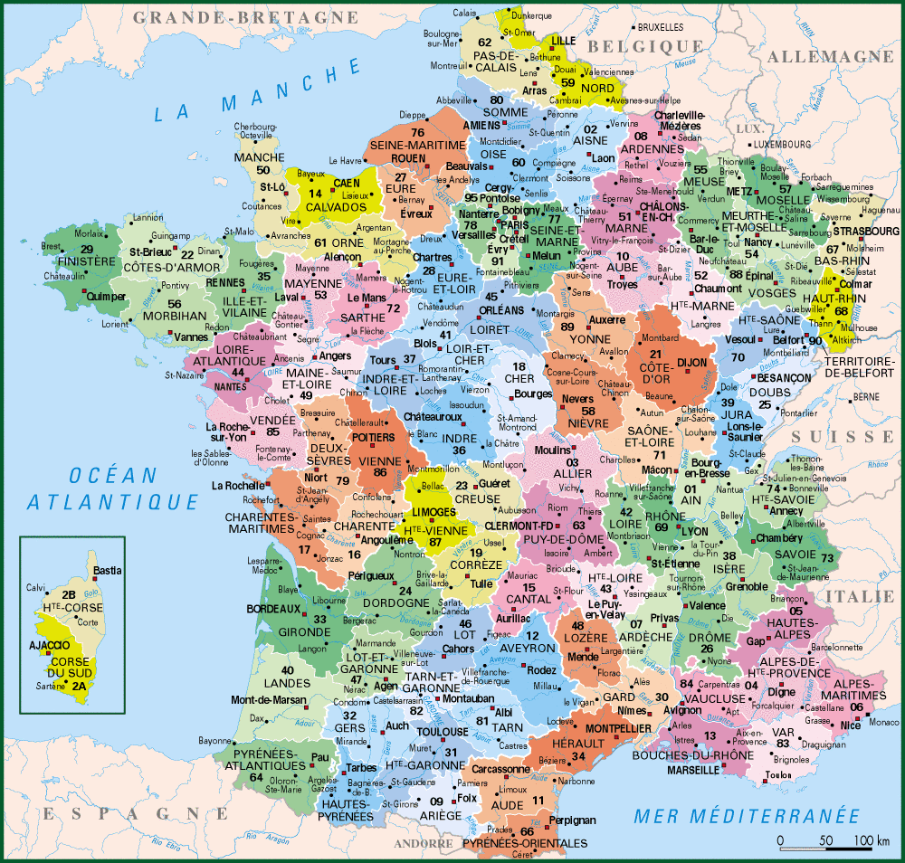 Carte France avec avec les contours des départements et les chefs-lieux