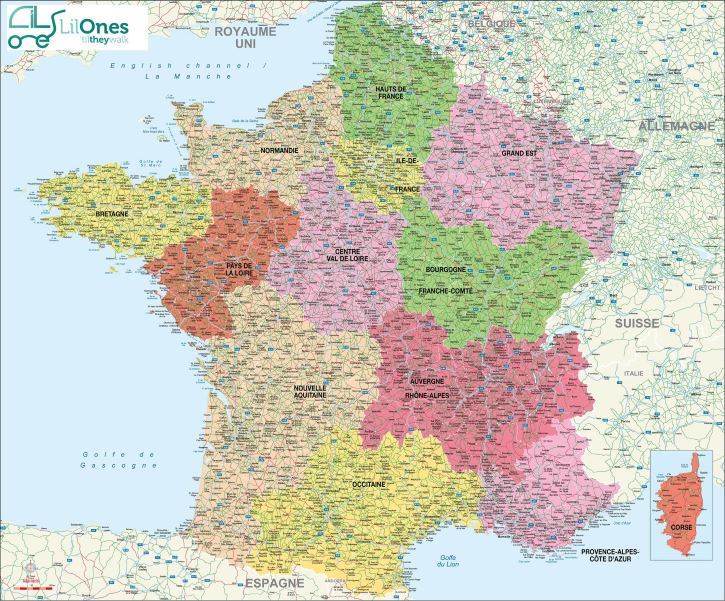 Carte France avec le contour des 13 régions