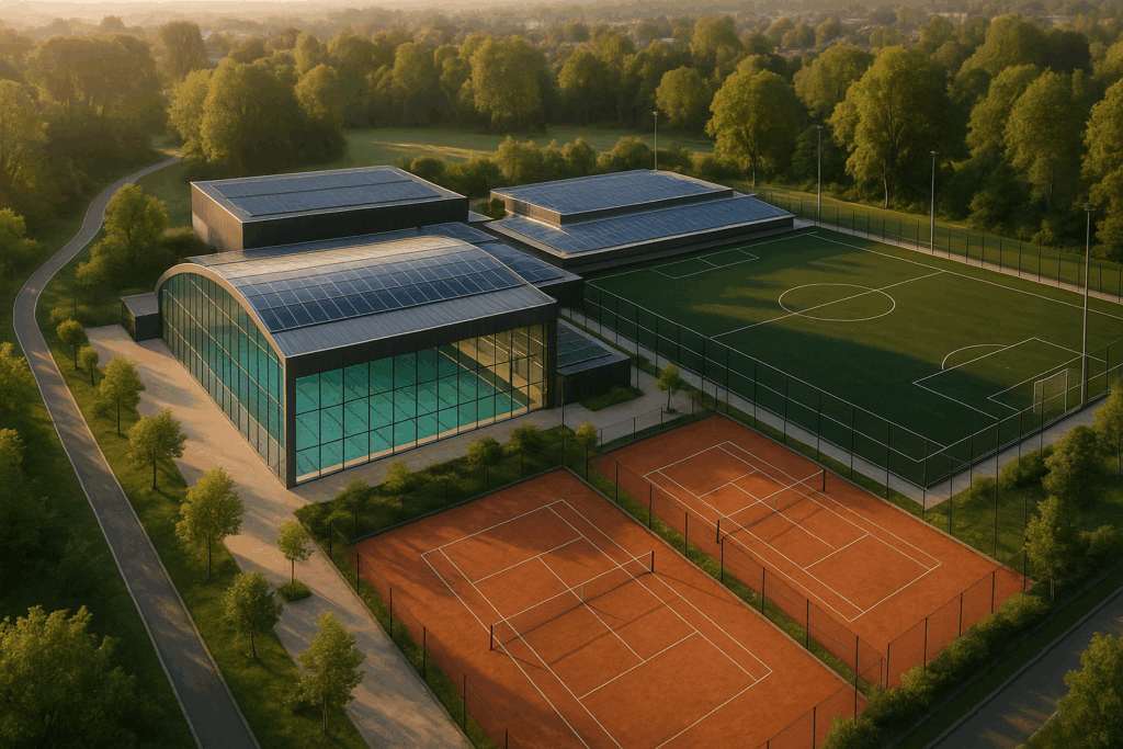 Ultra-realistische Luftaufnahme eines großen, ökologisch gestalteten französischen Sportkomplexes: verglastes Hallenbad, dunkelgrüner Kunstrasenfußballplatz, Sandplatz-Tennisplätze, Solarpanels auf den Dächern, umliegende Vegetation und Radweg