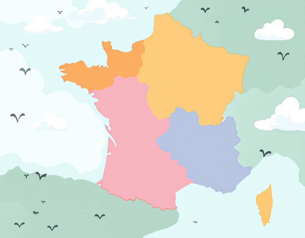 Mapa de Francia simplificado para niños con colores pastel y contornos claros