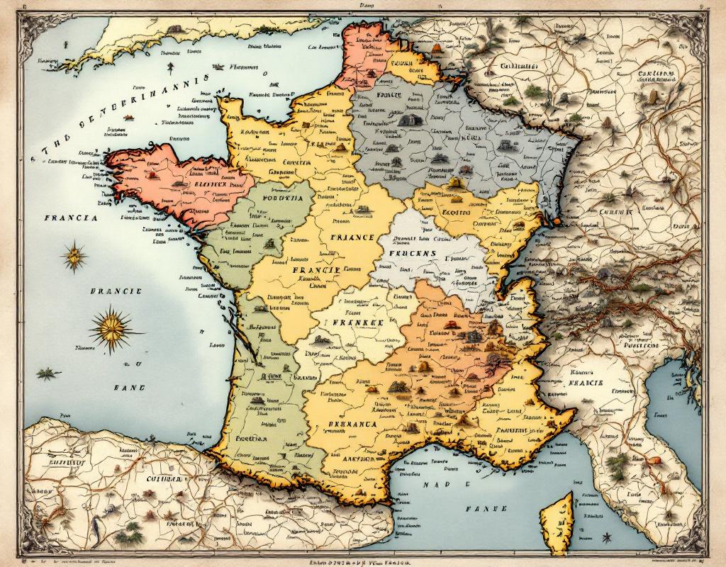 Überlagerung einer alten und modernen Karte der französischen Regionen