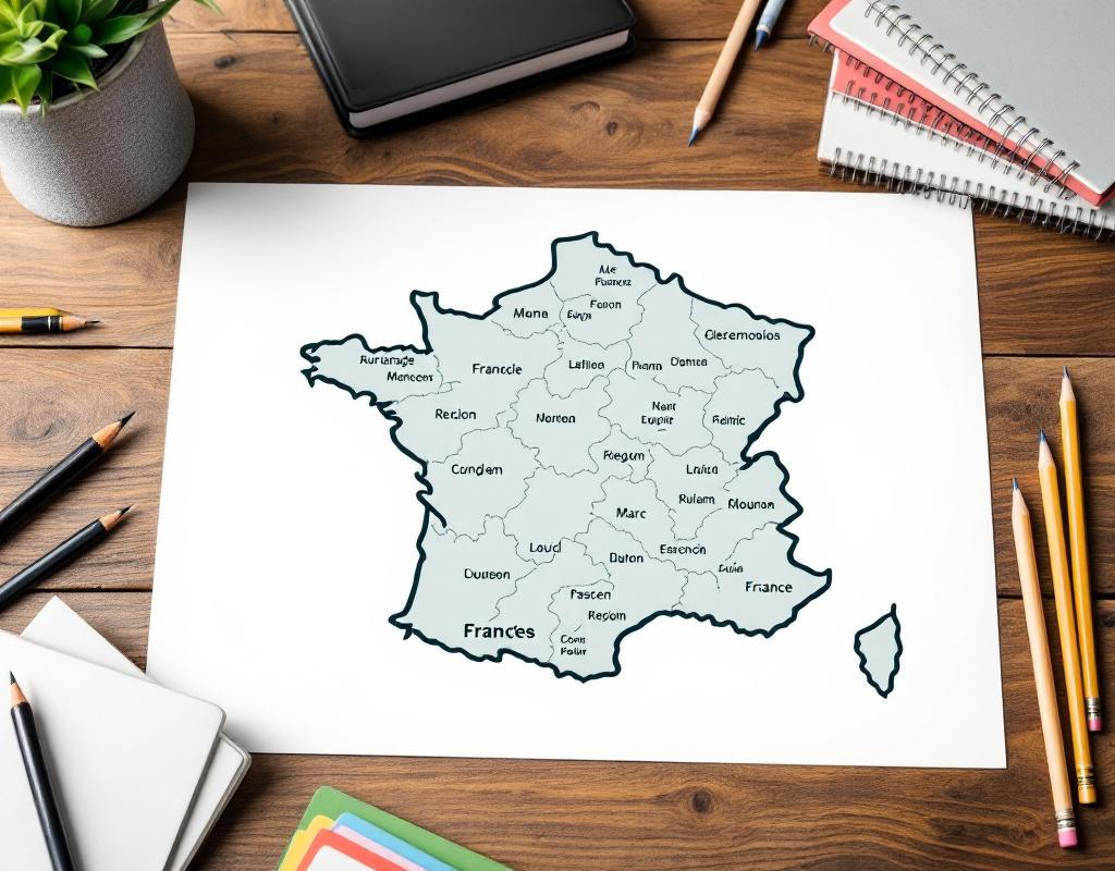 Mapa impreso de las regiones de Francia colocado sobre un escritorio escolar