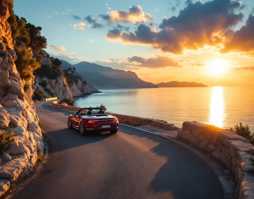Auto geparkt mit Blick auf das Mittelmeer bei einem Roadtrip an der Côte d'Azur