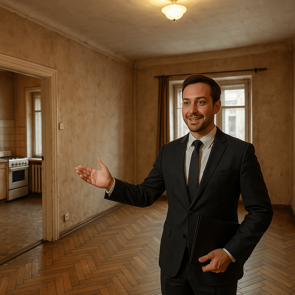 Immobilienmakler besichtigt eine helle Altbauwohnung