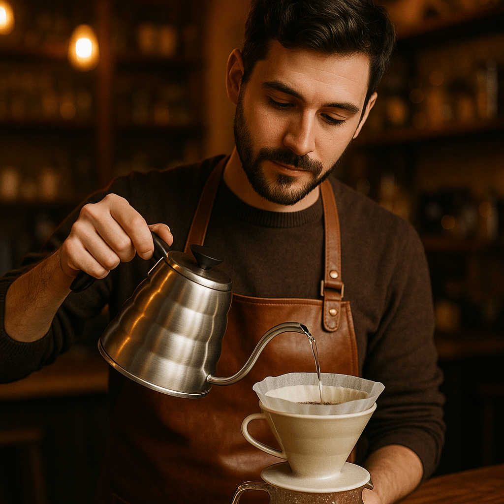 Barista pouring hot water over a coffee filter