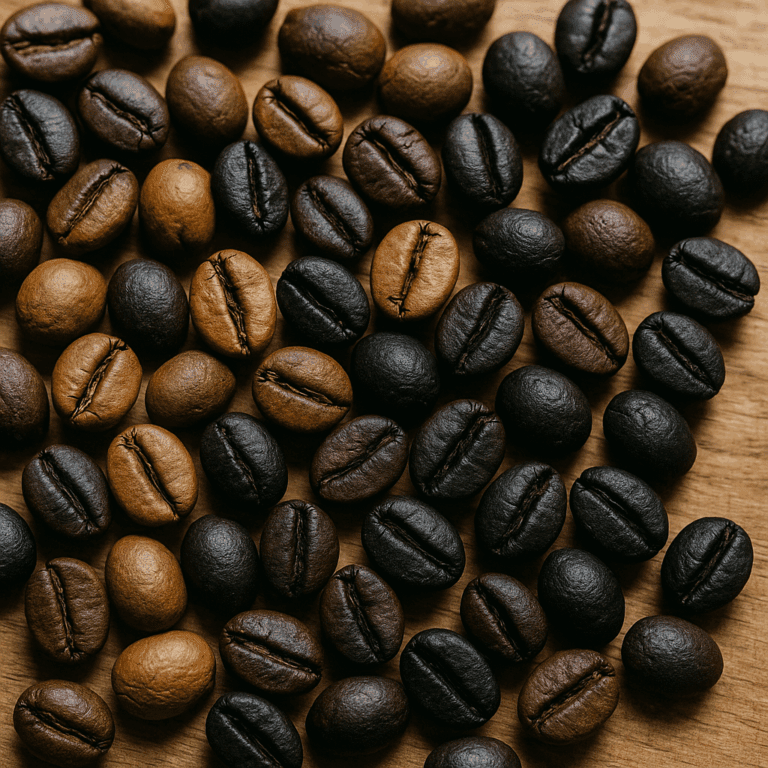 Grains de café variés sur un plan en bois