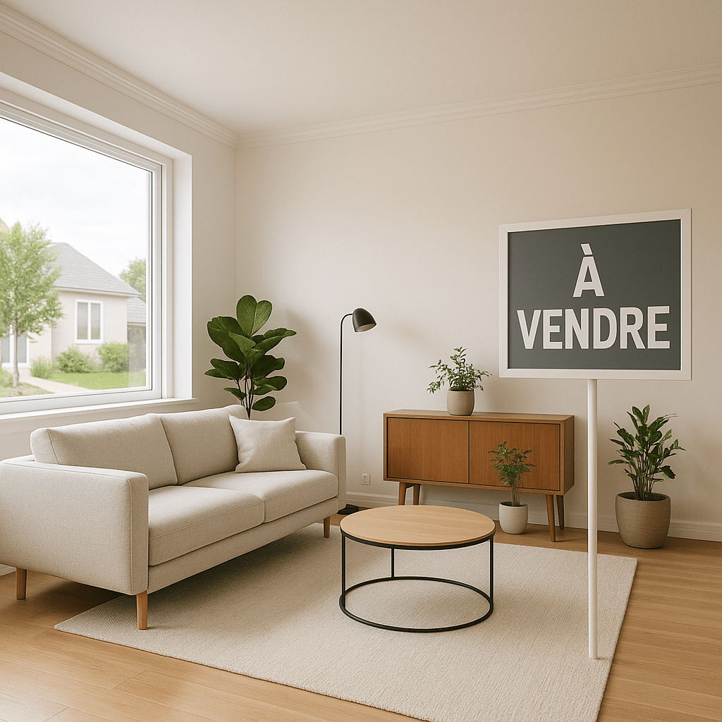 Helles und modernes Wohnzimmer bereit zum Verkauf