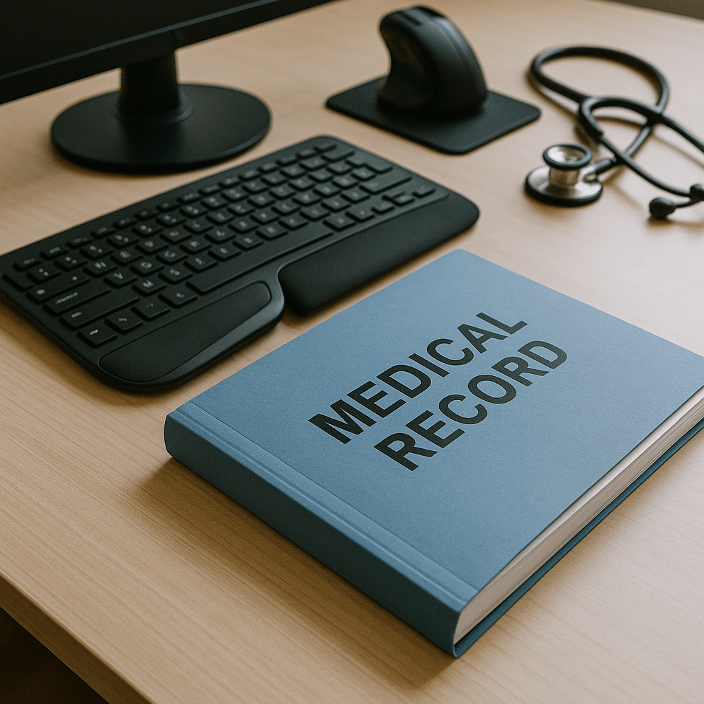 Illustration d&rsquo;un dossier m&eacute;dical et d&rsquo;un poste de travail am&eacute;nag&eacute;