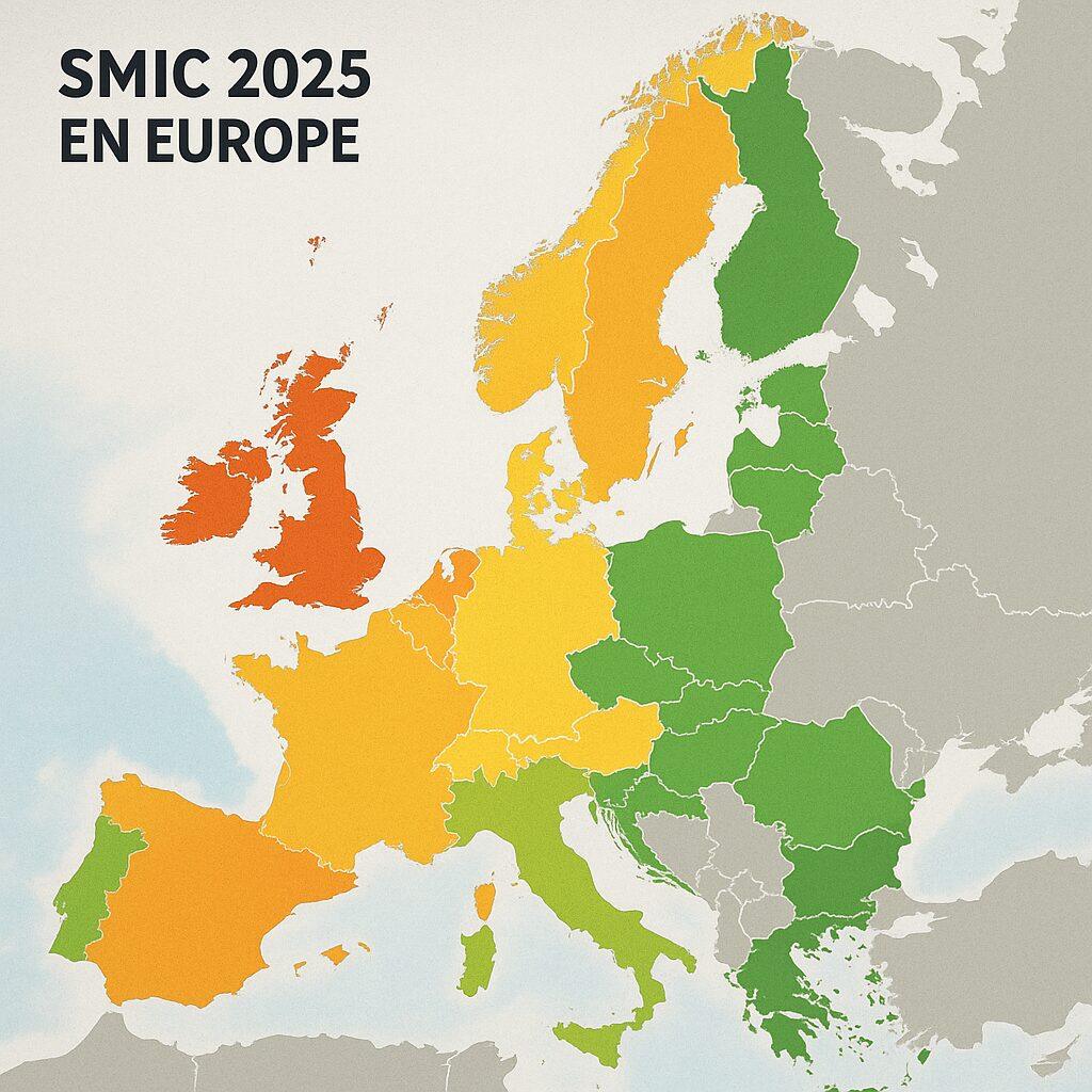 Map of Europe showing the 2025 minimum wage ranking