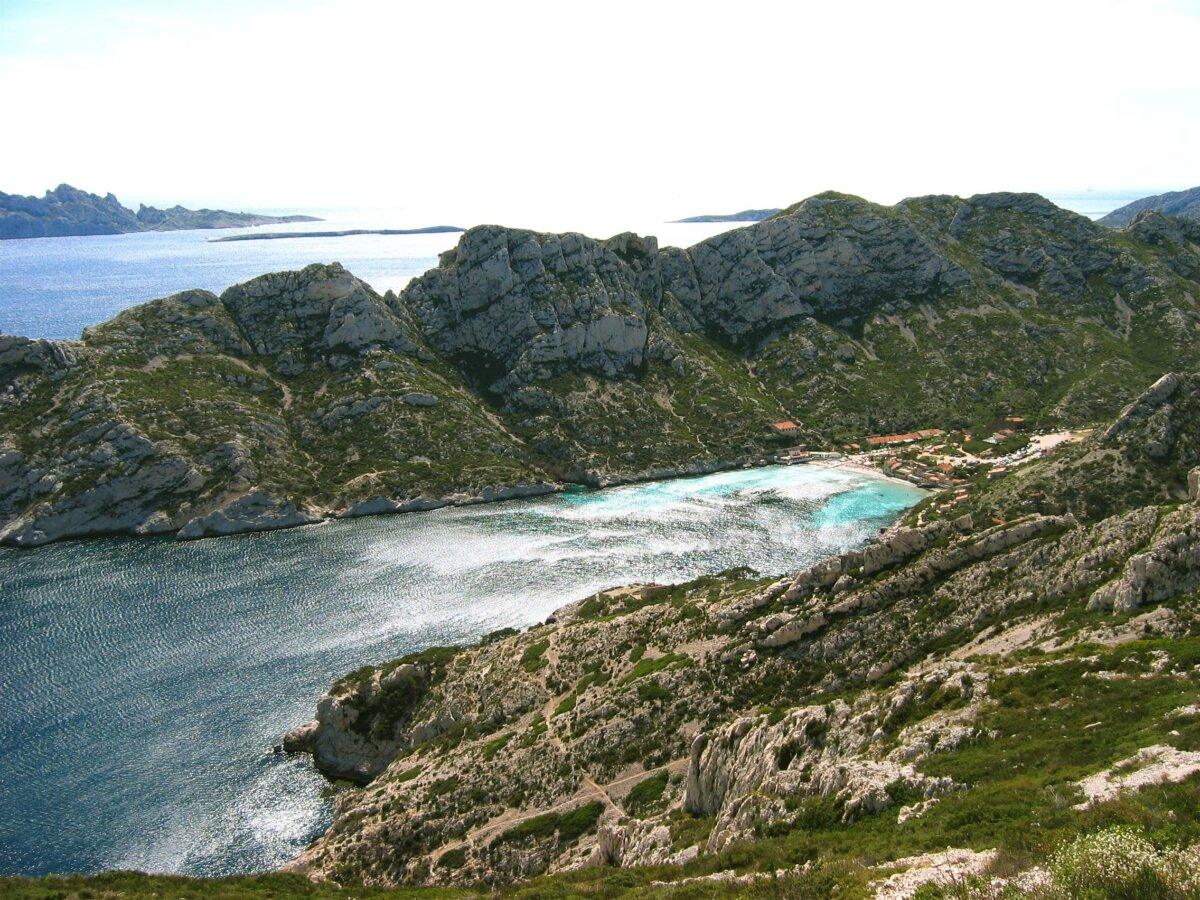 Calanque de Sormiou in Marseille, overhead view of the cove and turquoise waters