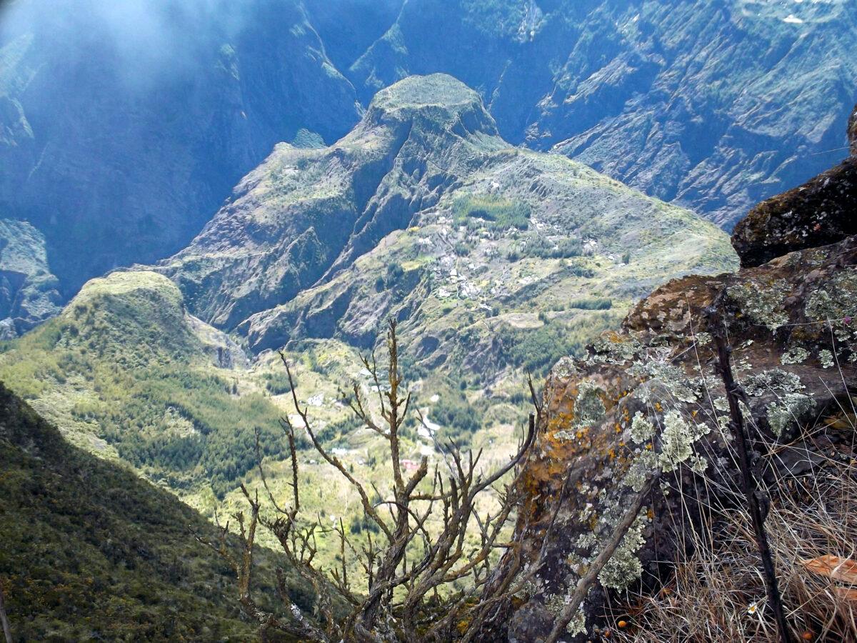 Mafate Cirque seen from Maïdo, steep ramparts and islets at the bottom of the cirque