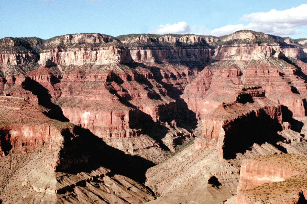 Arizona: red walls and strata of the Grand Canyon under evening light