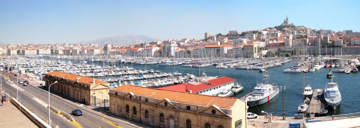 Panorama of the Old Port of Marseille with Notre-Dame de la Garde in the background