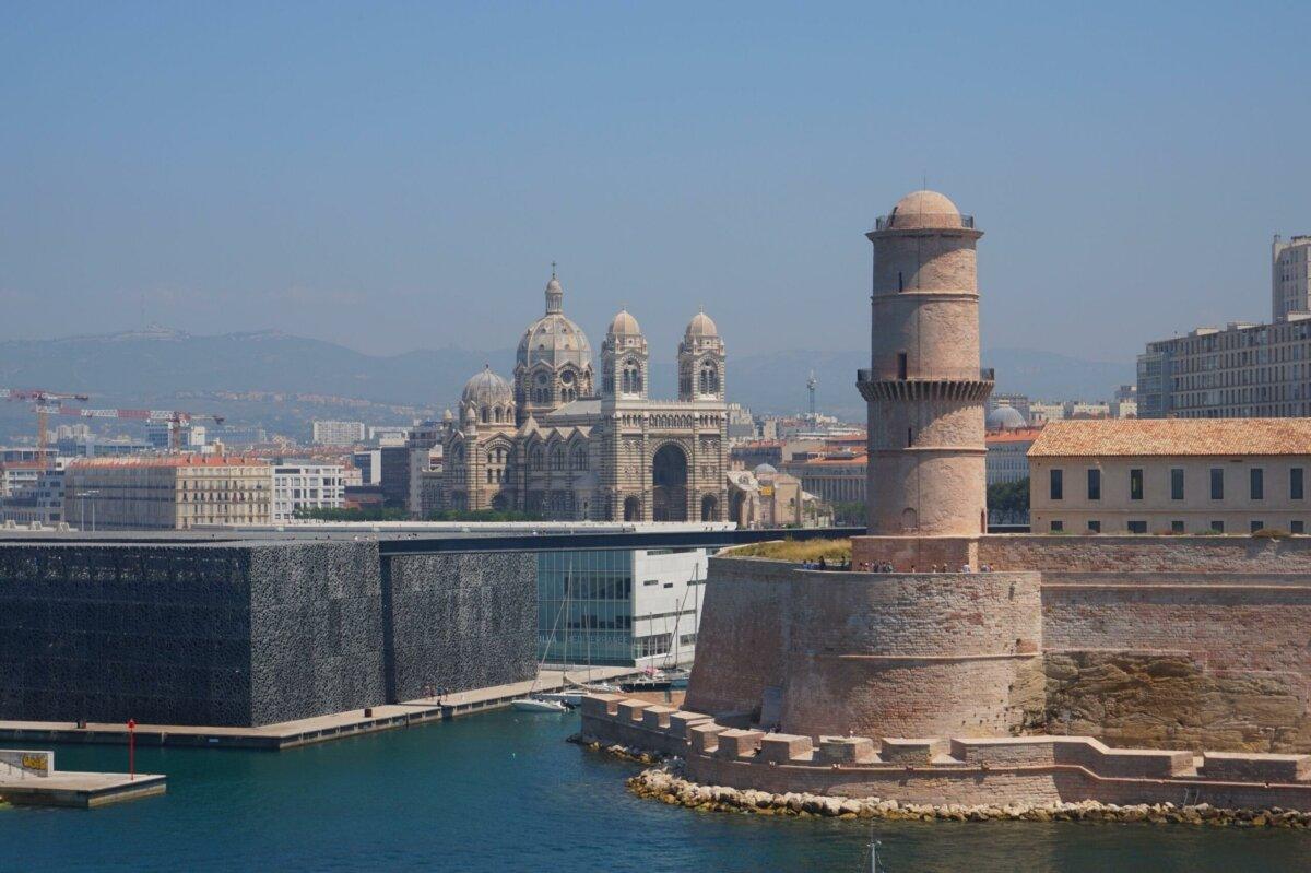 View of the Mucem, Fort Saint-Jean, and the Major Cathedral in Marseille