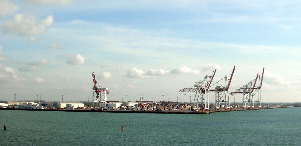Container terminal of the port of Dunkirk with gantry cranes and colorful boxes