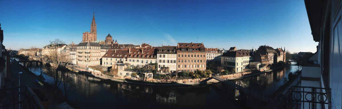 Panorama of Strasbourg city center with the cathedral and the Ill river