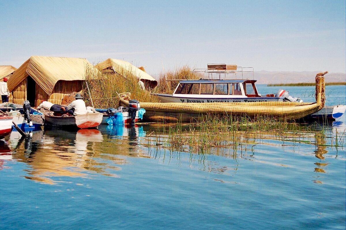 Floating Uros Islands on Lake Titicaca, totora reed boats