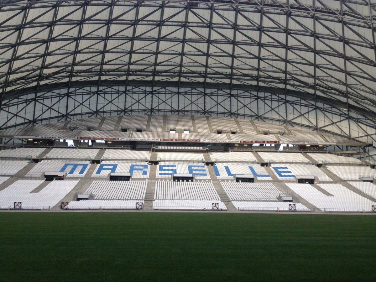 White stands and roof of the Stade Vélodrome in Marseille