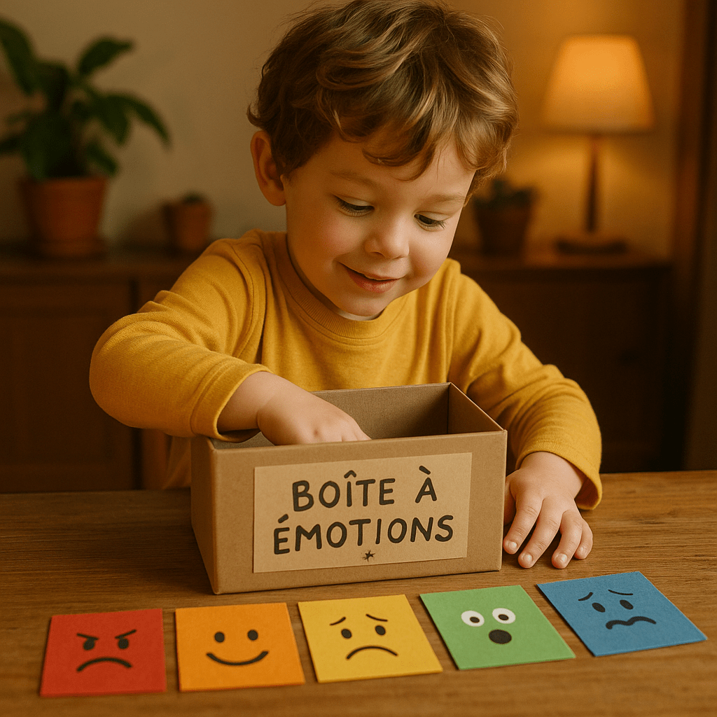 Child using an emotion box designed with colorful cards