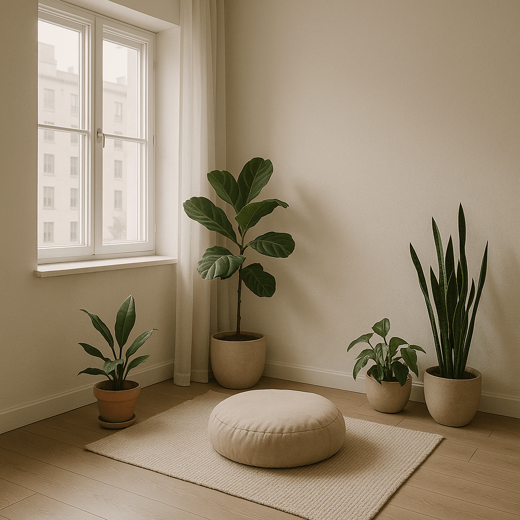 Personne m&eacute;ditant dans un int&eacute;rieur &eacute;pur&eacute; en ville