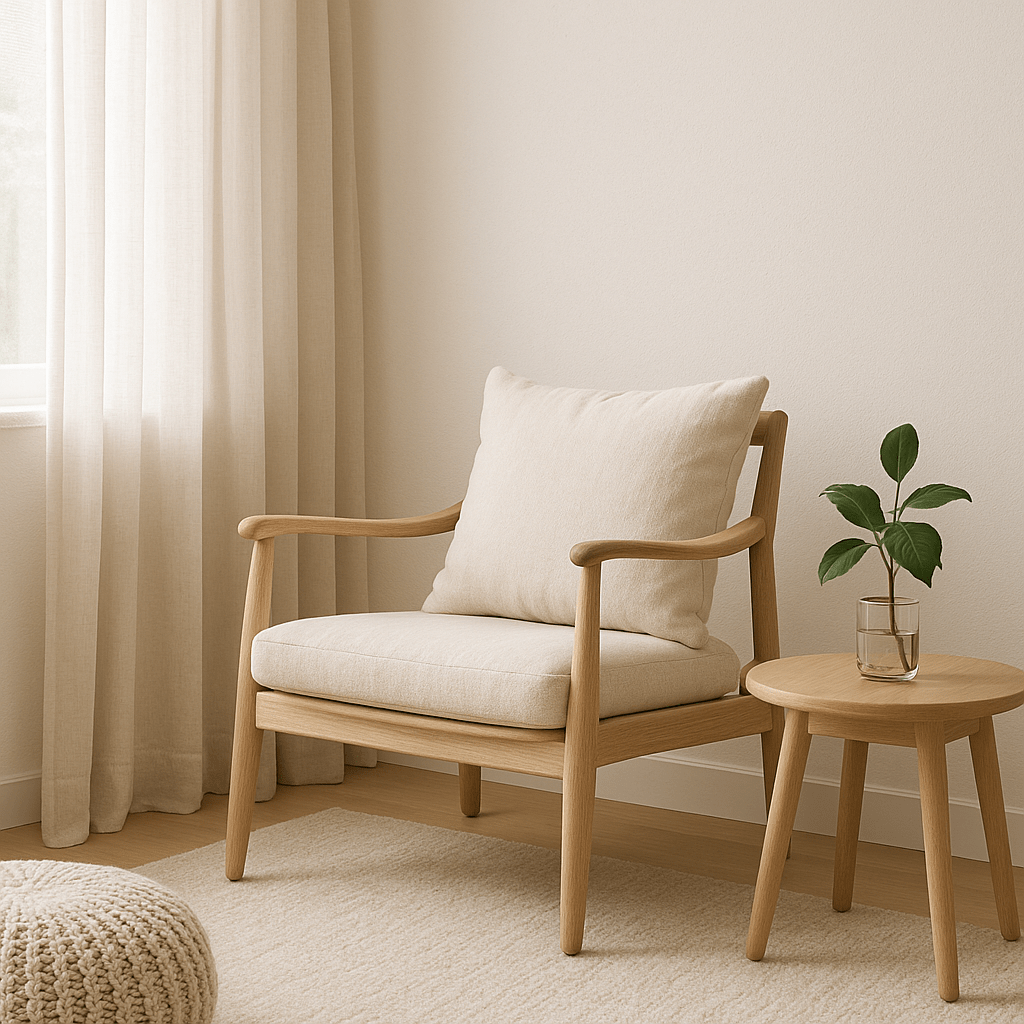 Minimalistischer Entspannungsbereich mit Sessel und neutralem Kissen