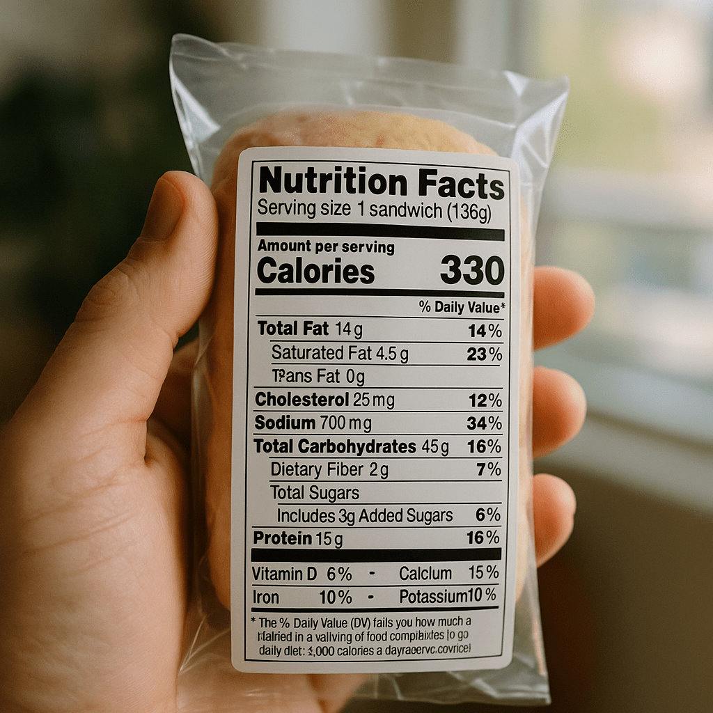 Mano sosteniendo un producto con etiqueta nutricional destacada