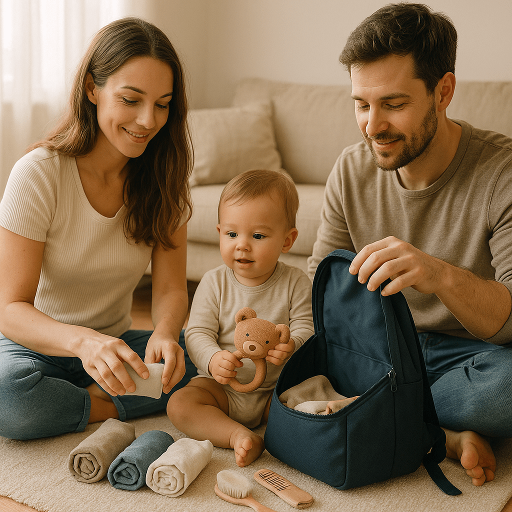 Familia preparando una bolsa de viaje ligera para su niño pequeño