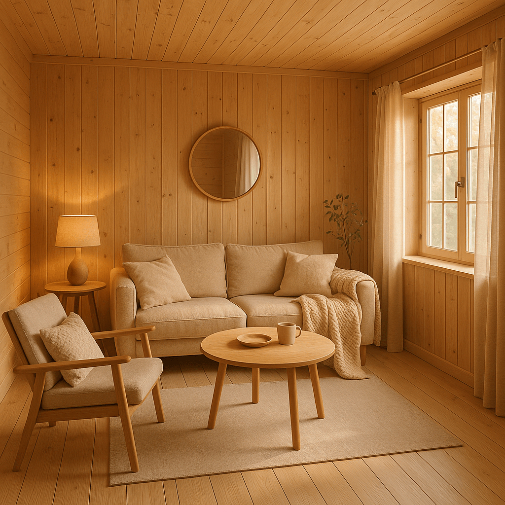 Warm interior with walls and floor in light wood