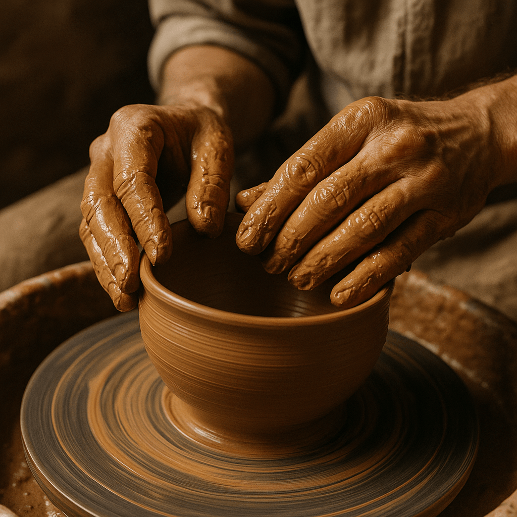 Hands shaping a clay bowl on a wheel