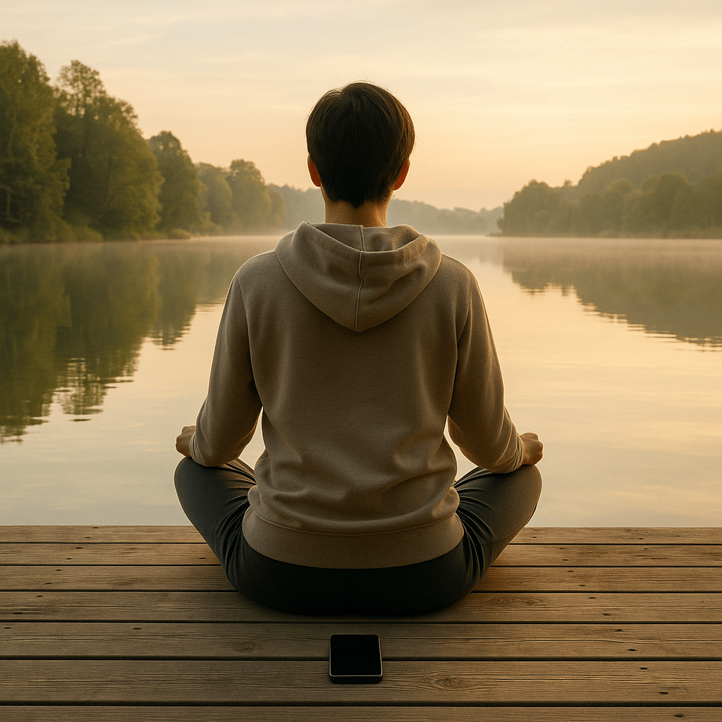 Person sitting near a lake relaxed during a digital break