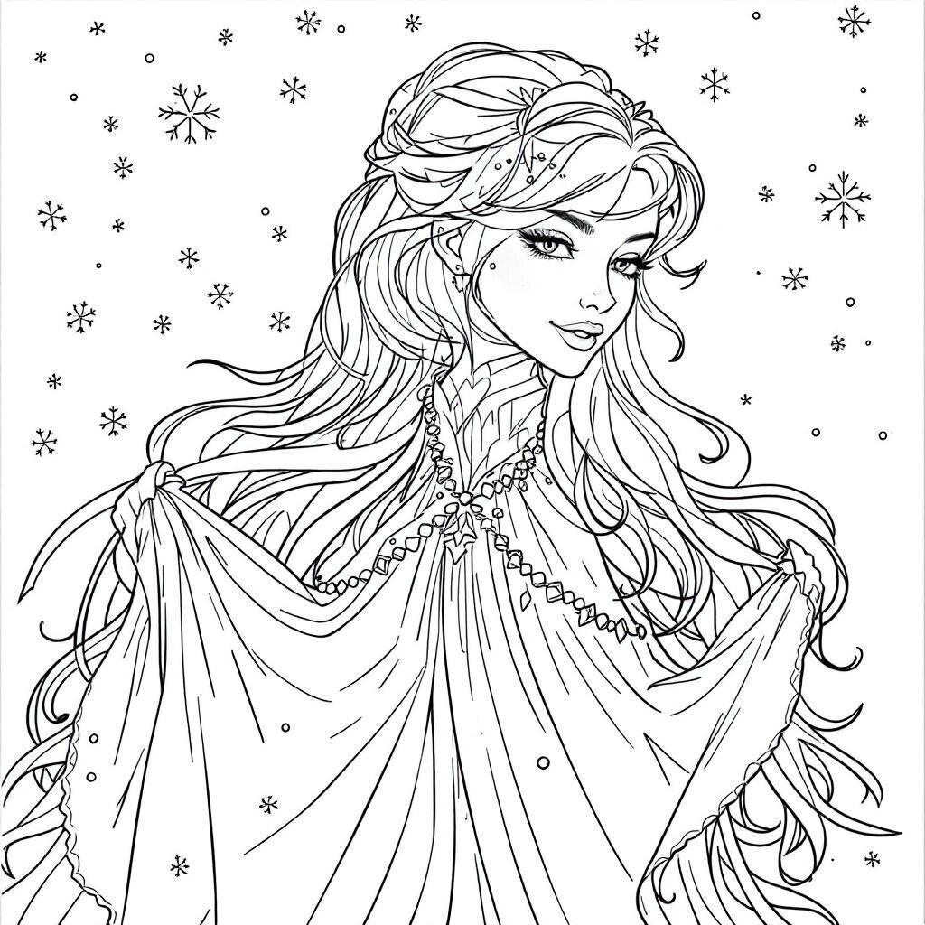 Coloring of a snow princess with snowflakes
