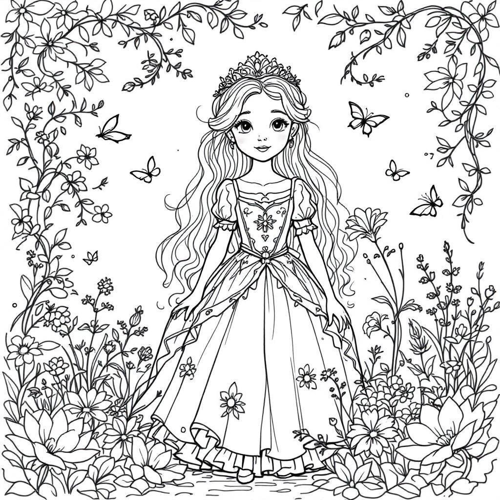 Dibujo para colorear de una princesa en un jardín florecido