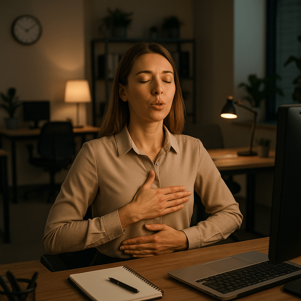 Angestellter, der am Arbeitsplatz Anti-Stress-Atmung praktiziert