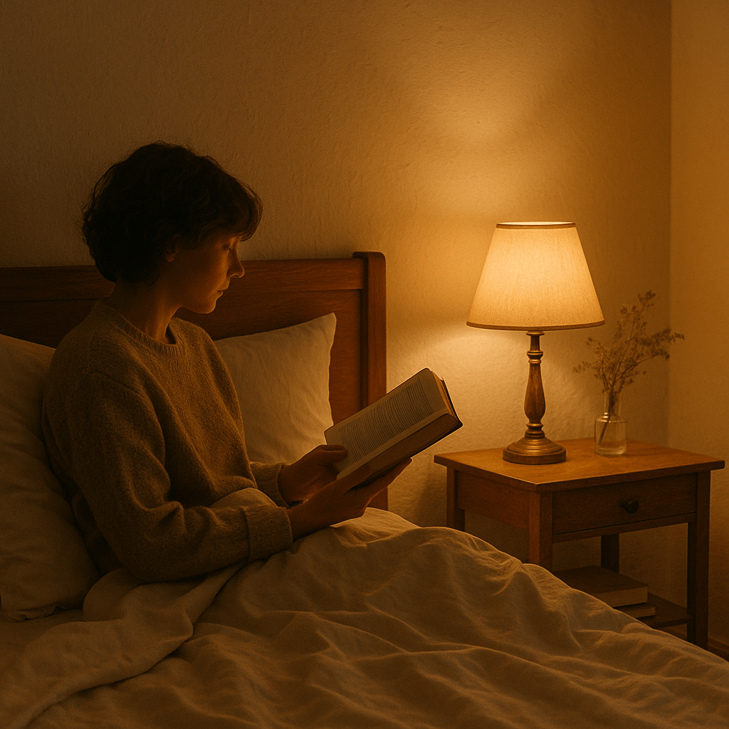Person liest ein Buch bei gedämpftem Licht vor dem Schlafengehen