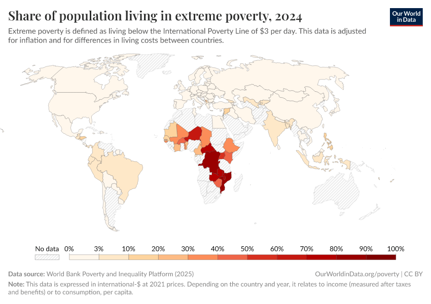 Mapa mundial: proporción de la población en pobreza extrema, línea 3 $ (PPA 2021), 2024-2025