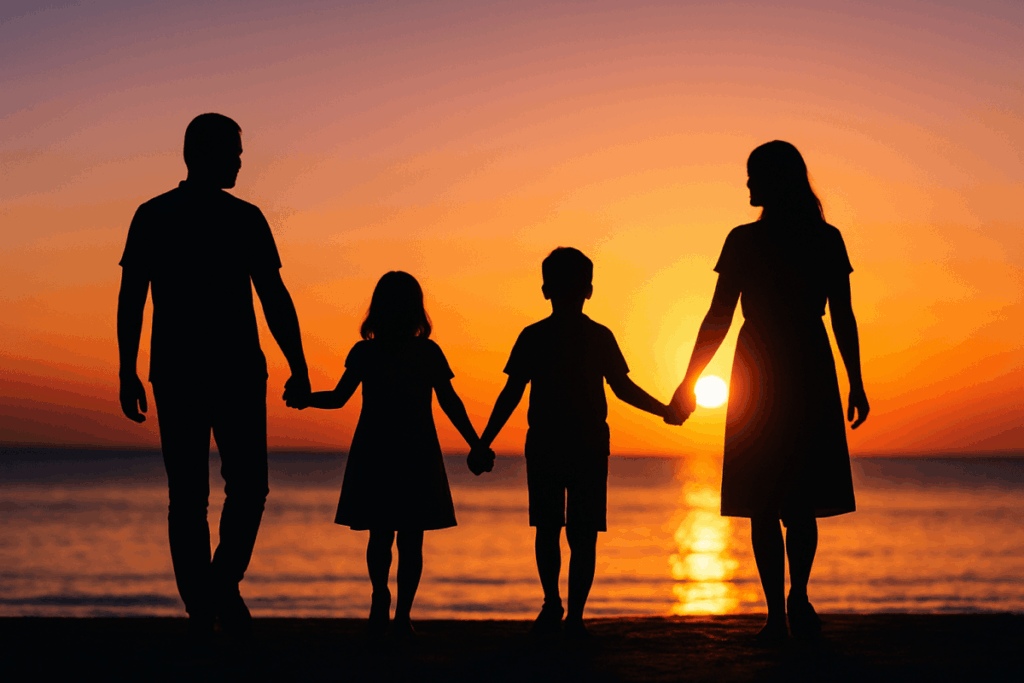 Silueta de una familia tomados de la mano al atardecer