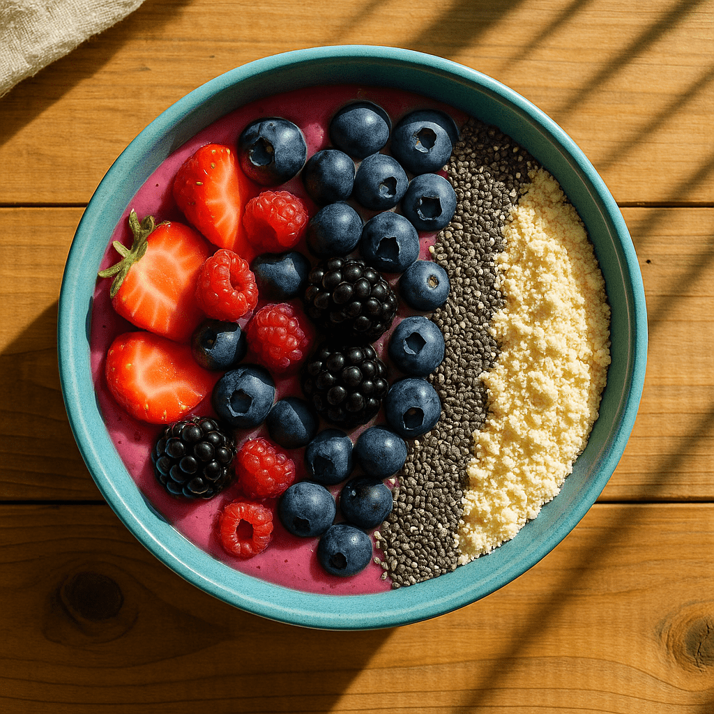 Bol de smoothie proteico de frutos rojos en un bol sobre una mesa de madera
