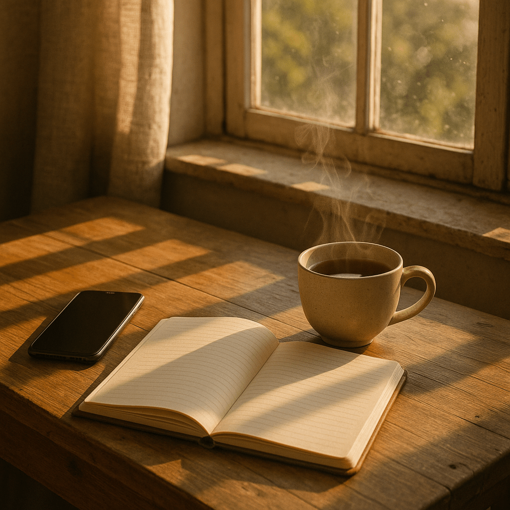 Smartphone turned off placed on a table next to an open notebook