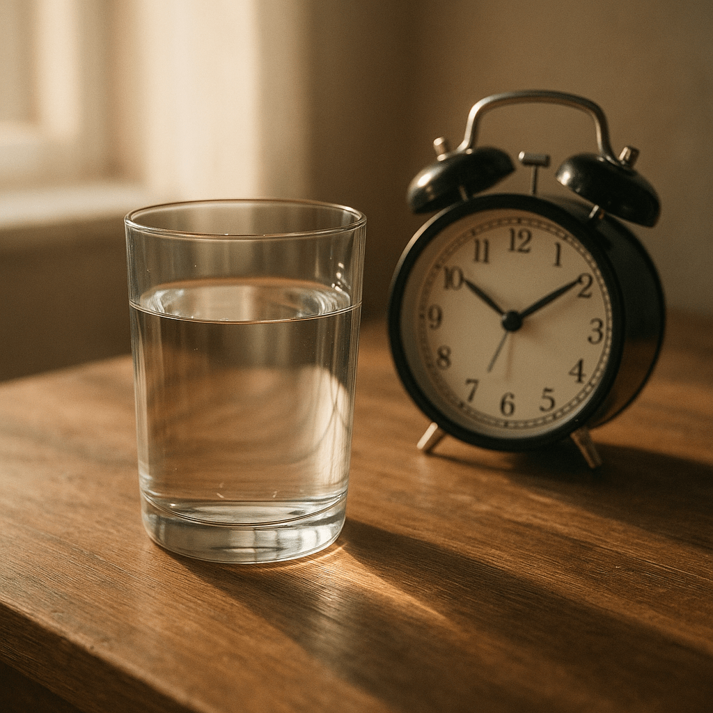 Glass of water placed on a wooden table upon waking