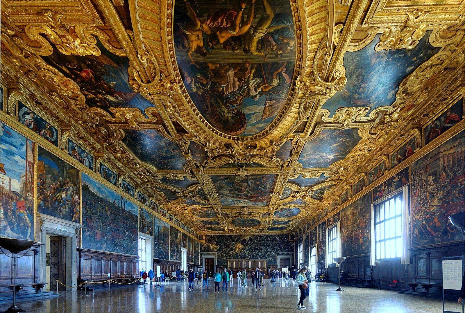 Hall of the Maggior Consiglio at the Doge’s Palace, gilded ceiling and large paintings