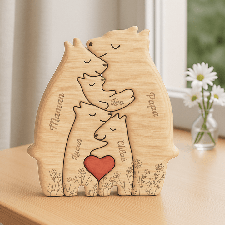 Ein personalisiertes Holzpuzzle der Familie, das als visuelles Symbol der Einheit auf einem Regal steht