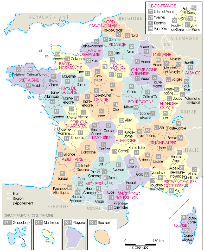 Mapa de los departamentos de Francia (simple)