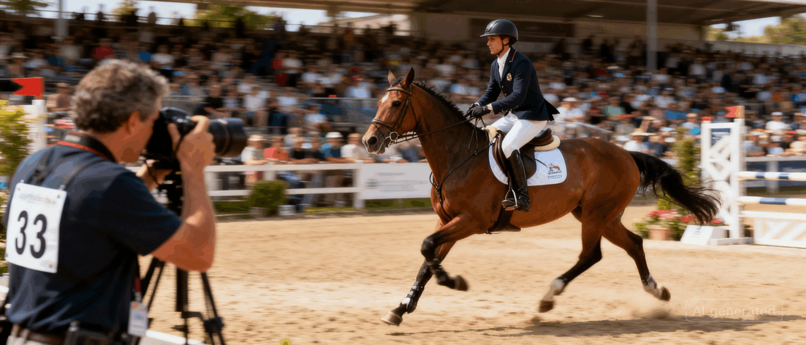 Cavalier en compétition équestre avec badge numéroté et photographe officiel capturant la performance