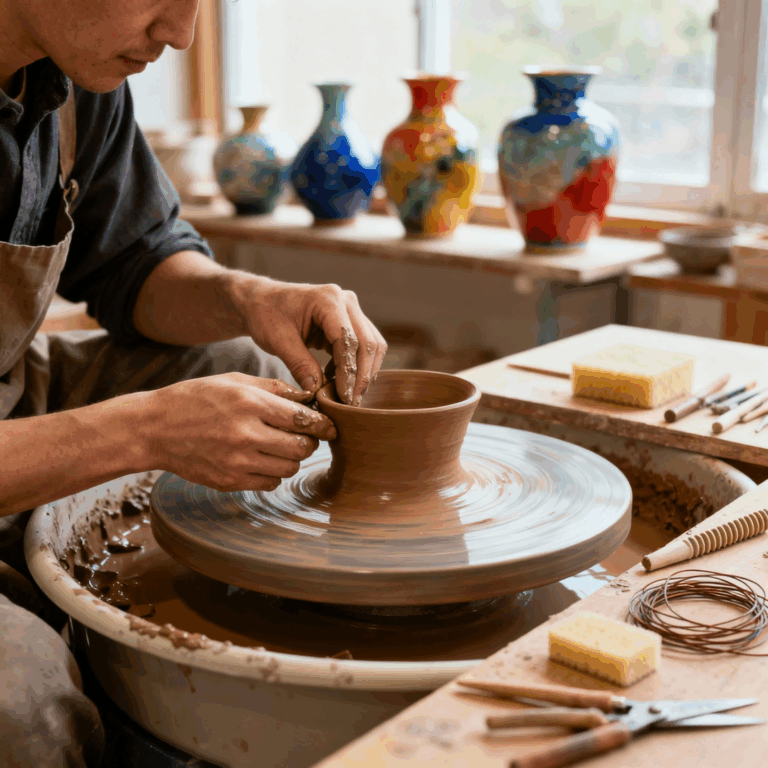 Céramiste façonnant pièce artisanale sur son tour de potier en atelier naturellement éclairé