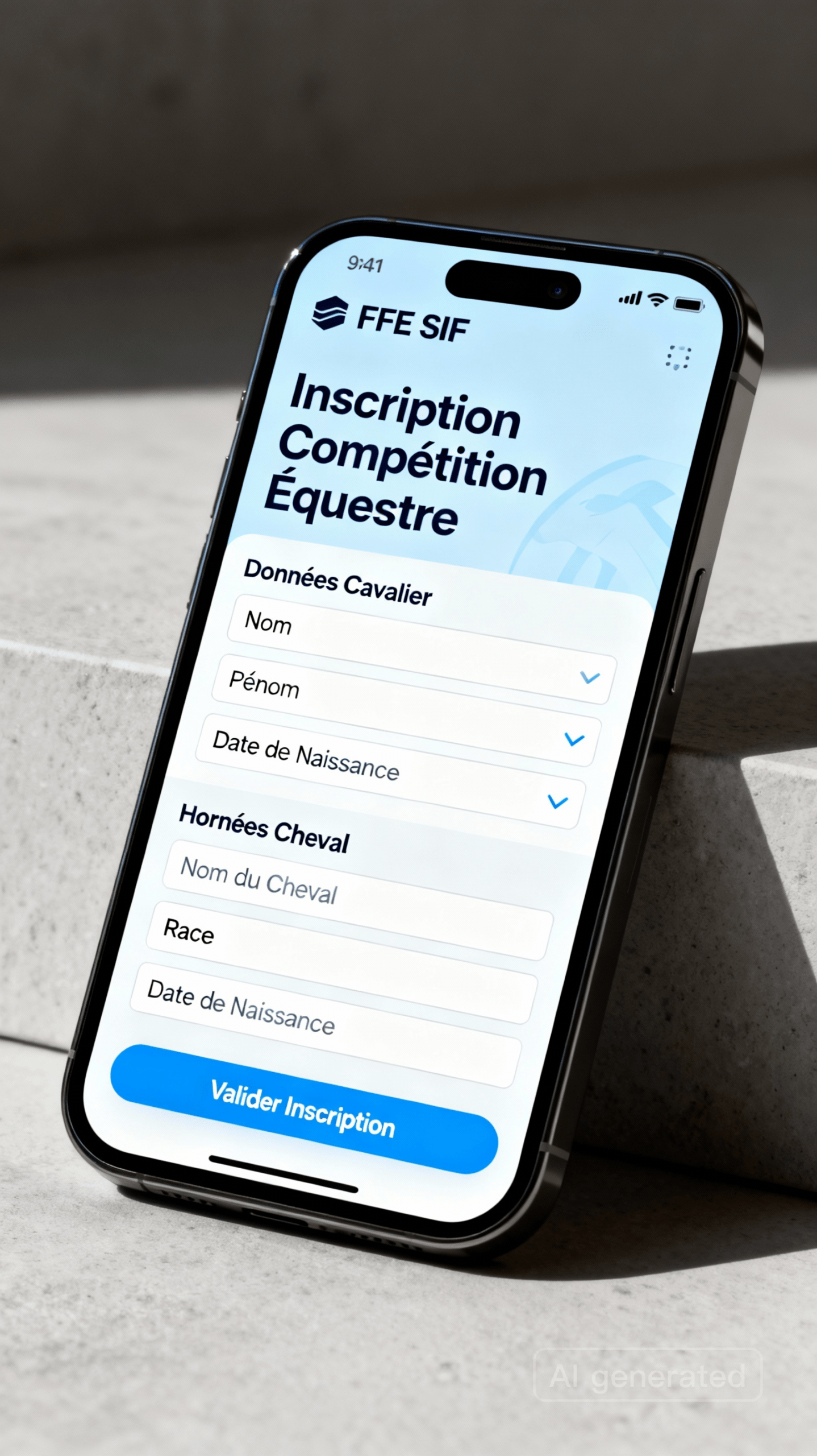 Écran smartphone montrant formulaire d'inscription compétition FFE SIF avec données cavalier synchronisées