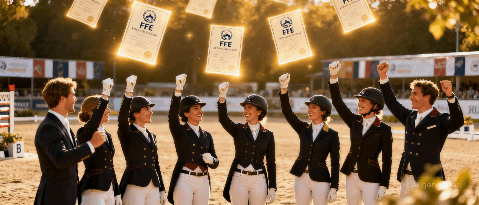 Groupe de cavaliers levant mains victorieusement après compétition avec certificats numériques flottants