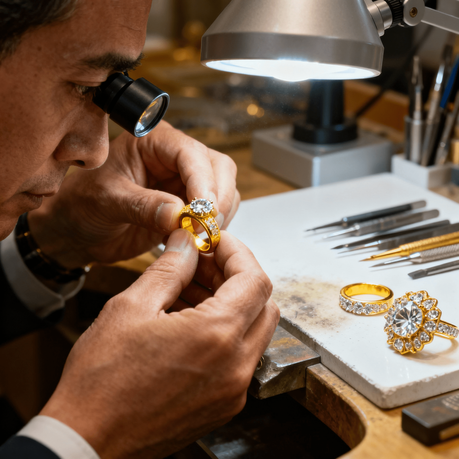 Joaillier effectuant travail de haute précision sur bague ornée de diamants, éclairage professionnel
