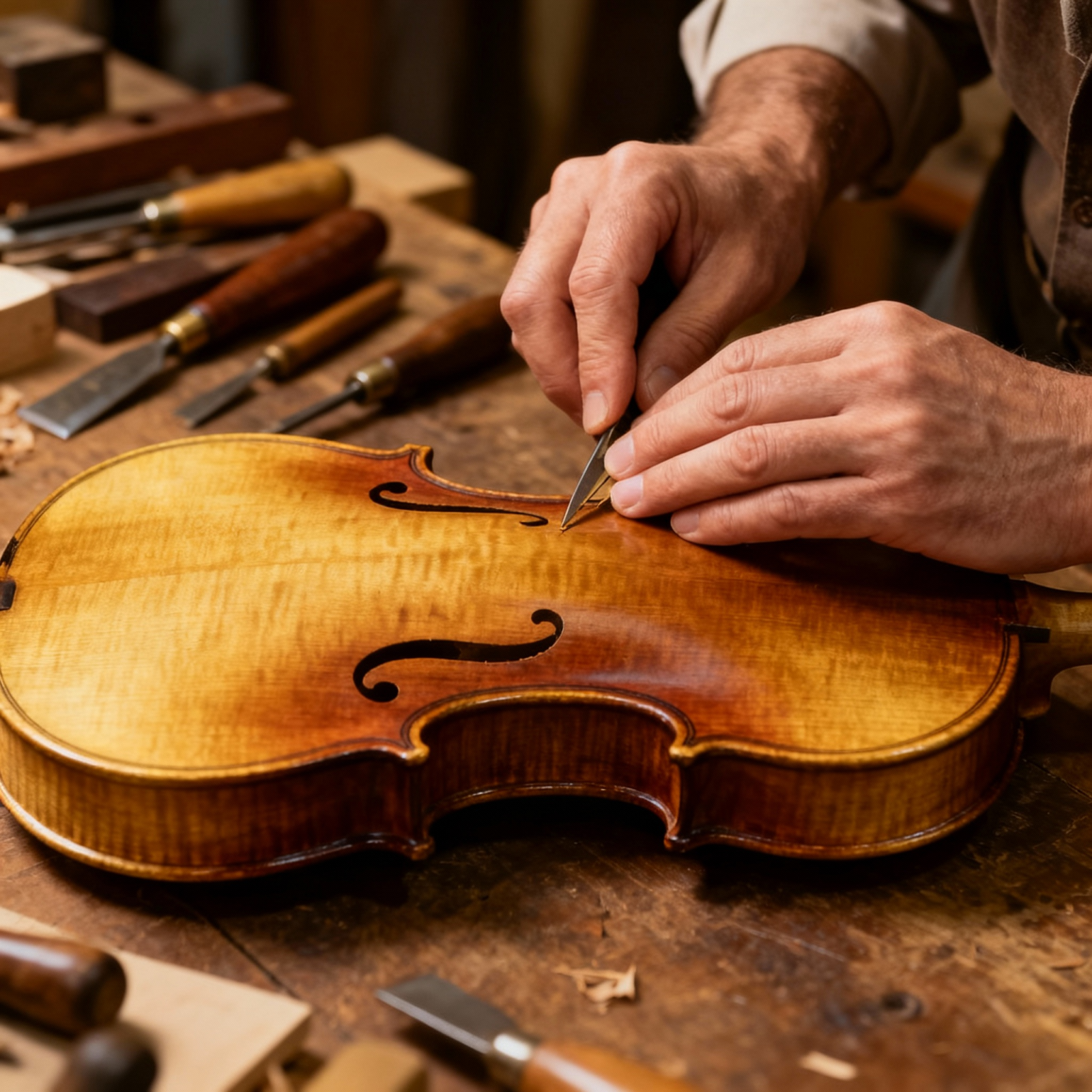 Luthier expérimenté en atelier traditionnel fabricant violon en bois précieux avec outils anciens