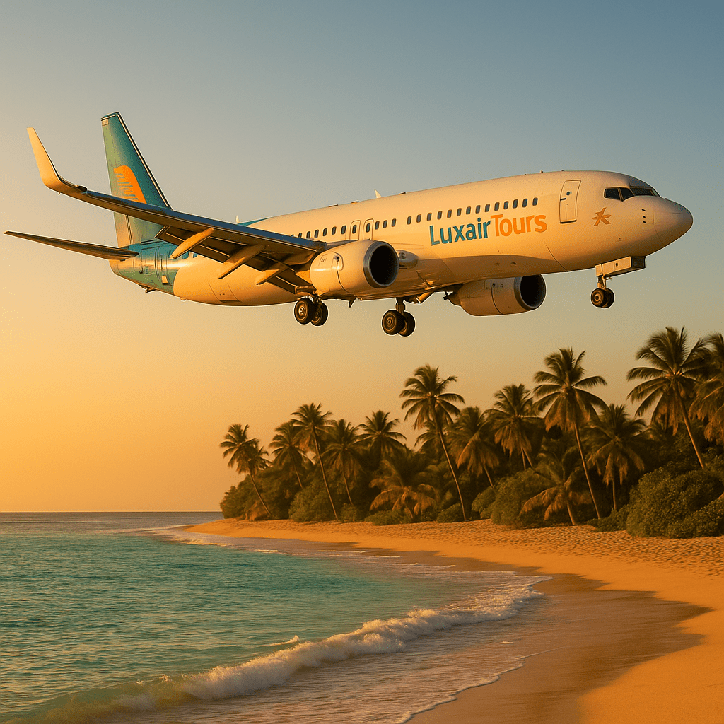 Avion LuxairTours en vol au-dessus d'une plage tropicale